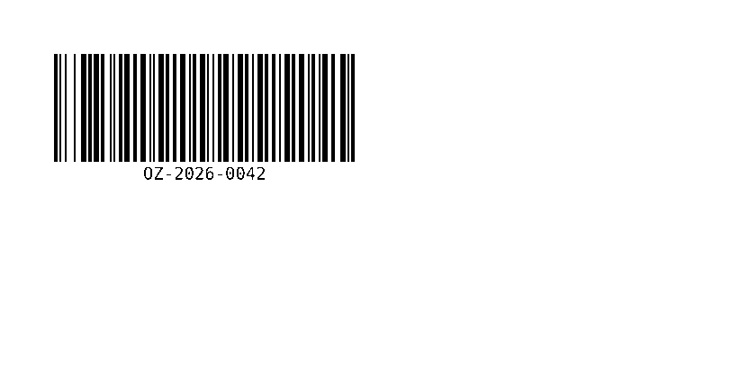 Code 128 barcode for OZ-2026-0042 with the text under the bars