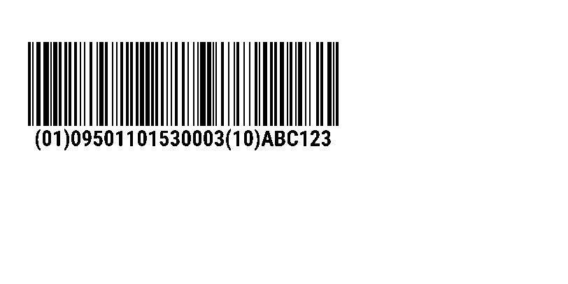 GS1-128 barcode with a GTIN and a batch number, brackets shown in the text line