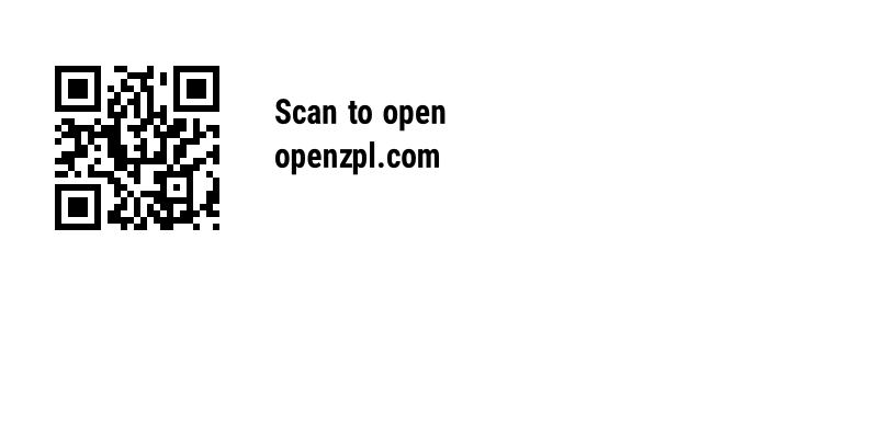 QR code at magnification 6 that opens https://openzpl.com, with a caption to its right
