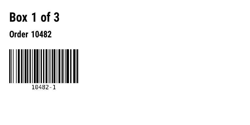 First of three box labels: Box 1 of 3, order 10482 and a Code 128 barcode