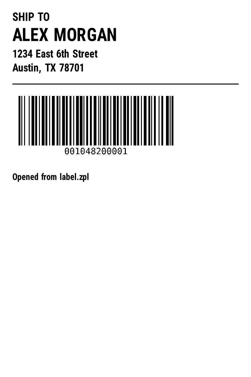 4 x 6 in shipping label opened from a ZPL file: ship-to address and a Code 128 tracking barcode