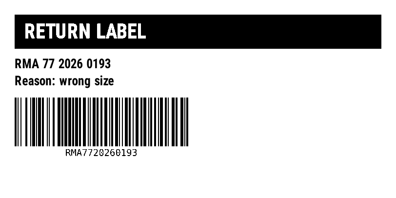 Return label with a reversed RETURN LABEL header, the RMA number, the reason and a Code 128 barcode