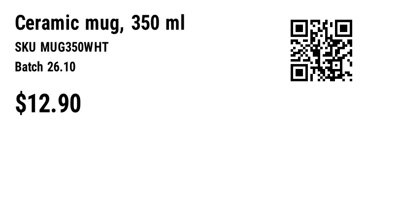 Product label for a ceramic mug with SKU, batch, price and a QR code
