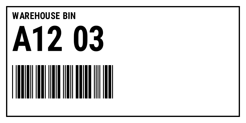 Warehouse bin label with the location A12 03 in large type and a Code 39 barcode