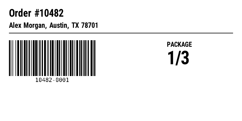 Order label with the order number, the customer, a Code 128 barcode and package 1 of 3