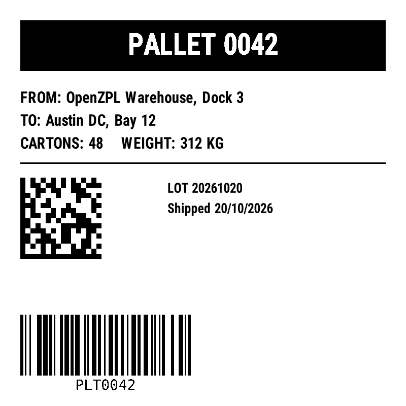 100 by 100 mm pallet label with a black header, text lines, a Data Matrix and a Code 128 barcode