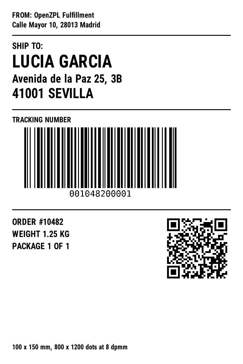 100 by 150 mm shipping label template with sender, recipient, Code 128 barcode and QR code