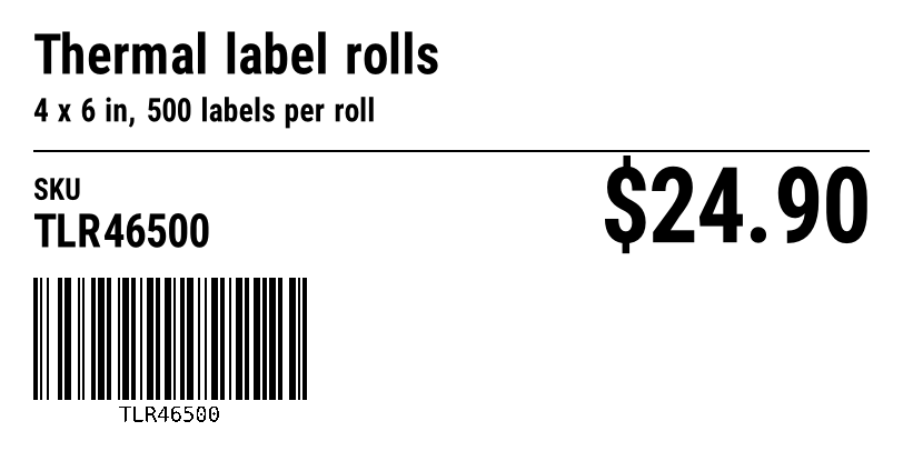 4 by 2 inch product label with name, SKU, price and Code 128 barcode