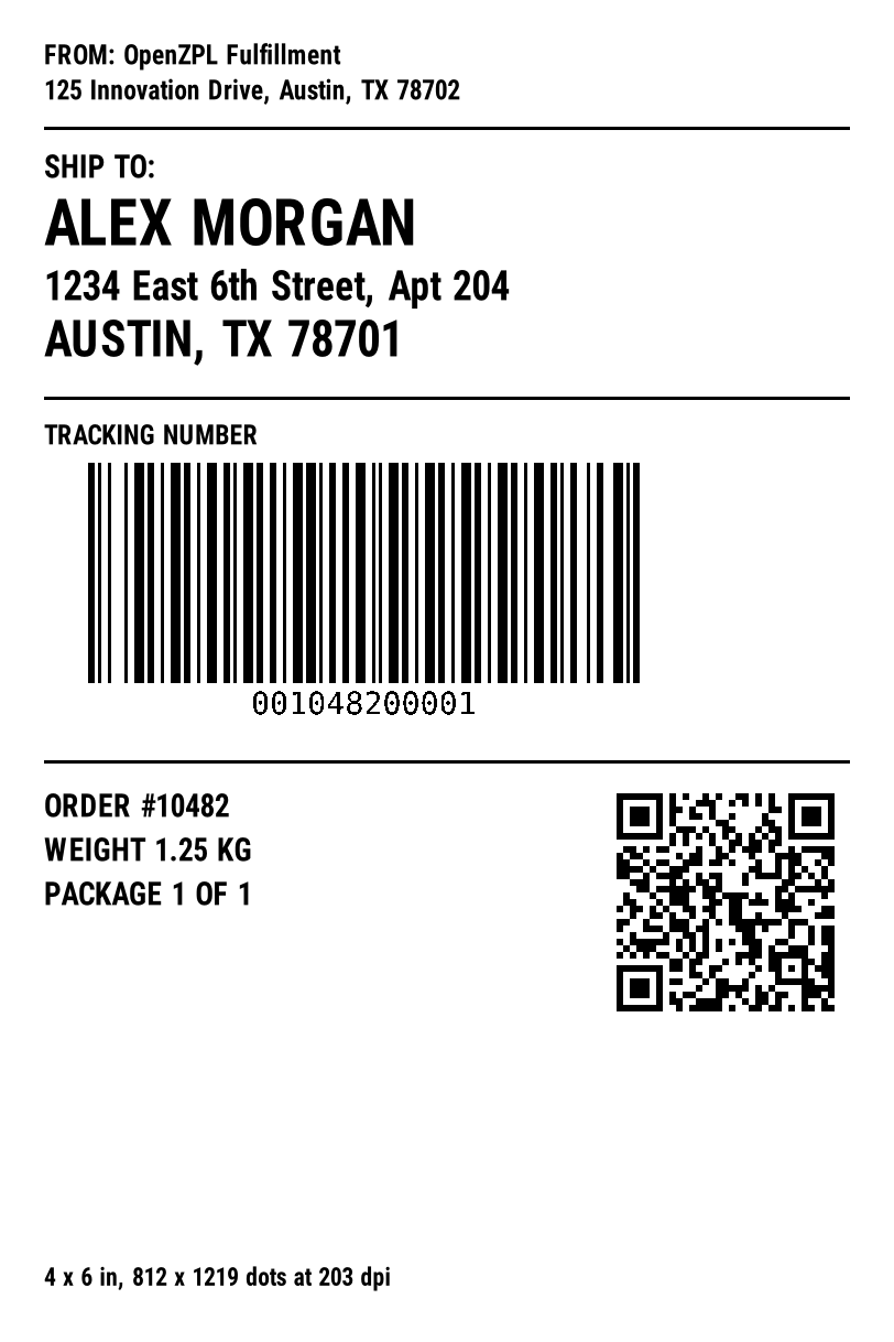 4 by 6 inch shipping label template with sender, recipient, Code 128 tracking barcode and QR code