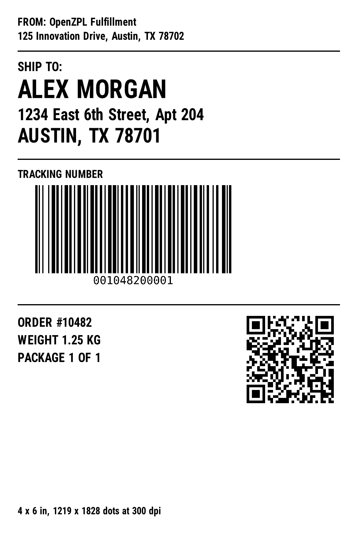 The same 4 by 6 inch shipping label laid out for a 300 dpi printer