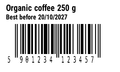 50 by 30 mm product label with name, best-before date and EAN-13 barcode